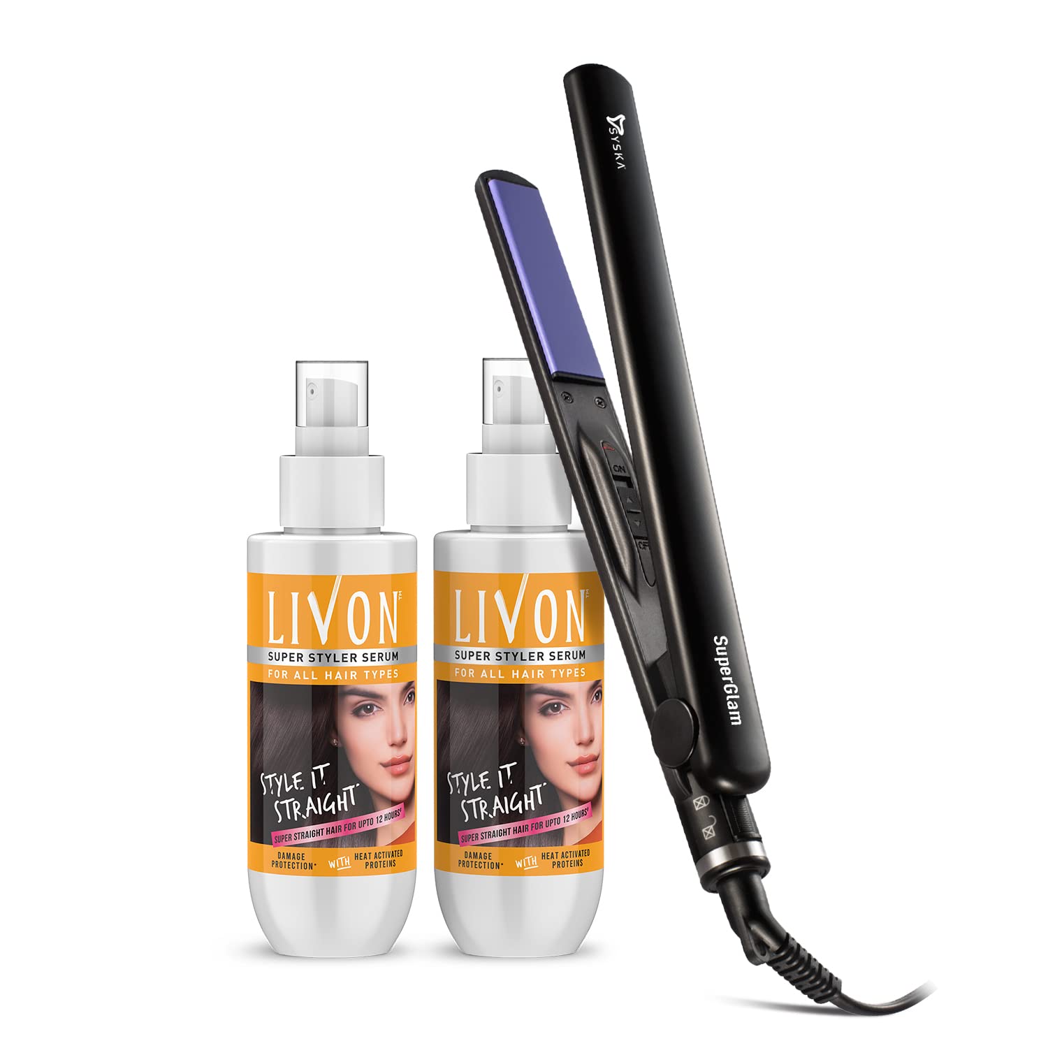 Livon Super Styler Serum For Women & Men For Hair Straightening |Straighter Hair Up To 12 Hours & 5X Less Breakage | With Heat Activated Proteins | 100 ml (Pack of 2) With Syska Hair Straightener