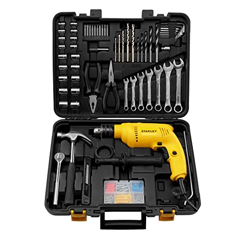 STANLEY SDH600KM-IN 600W 13mm Drill Machine with Mechanical Toolkit for Home, DIY & Professional Use (120-Pieces) – Includes Hammer Drill, Hammer & Measurement Tape, 1 Year Warranty, YELLOW & BLACK