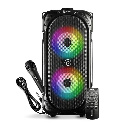 pTron Newly Launched Fusion Party 40W Karaoke Bluetooth Party Speaker with 3M Wired Microphone, Dual Drivers, RGB Lights, USB/SD Card Playback, Auto TWS Function & Remote Control (Black)