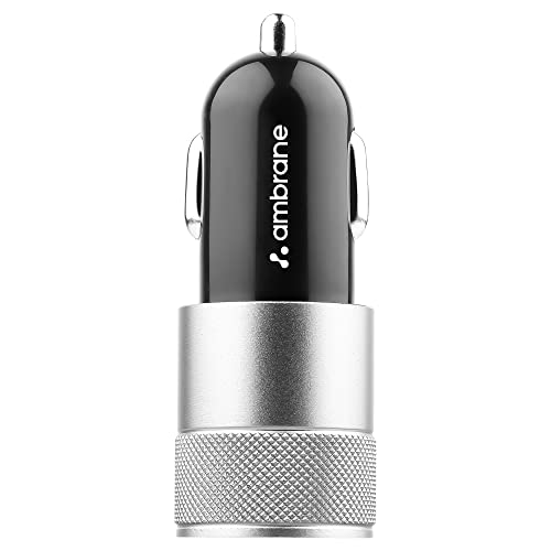 Ambrane 12W Fast Car Charger, Dual USB Output, Multi-Layer Protection, Fast Charging, Compatible with All Cars, Without Cable for All Mobiles & Other USB Enabled Devices (ACC74, Black & Silver)