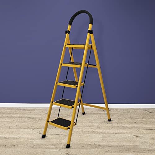 Plantex Premium GI Steel Foldable 5-Step Ladder for Home – Wide Anti Skid Step Ladder (Yellow & Black)
