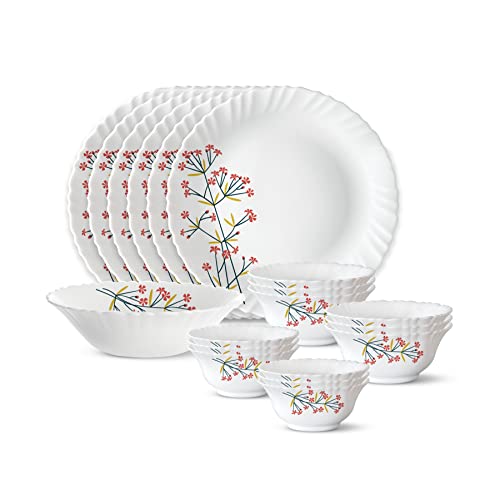 Larah by Borosil Red Bud Silk Series Opalware Dinner Set | 19 Pieces for Family of 6 | Microwave & Dishwasher Safe | Bone-Ash Free | Crockery Set for Dining & Gifting | Plates & Bowls | White