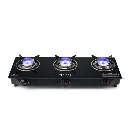 Lifelong LLGS930 Manual Ignition, High Efficiency 3 Burner Gas Stove with Toughened Glass Top, ISI Certified, For LPG Use (1 Year Warranty, Doorstep Service, Black)