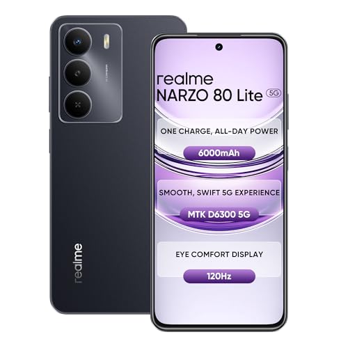 Realme Narzo 80 Lite 5G (Onyx Black, 4Gb+128Gb) | 6000Mah Long-Lasting Battery | Mediatek Dimensity 6300 5G | Ai Assist | Ip64 Rated Water & Dust Resistance | Military-Grade Durability