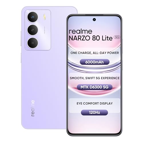 Realme Narzo 80 Lite 5G (Crystal Purple, 4Gb+128Gb) | 6000Mah Long-Lasting Battery | Mediatek Dimensity 6300 5G | Ai Assist | Ip64 Rated Water & Dust Resistance | Military-Grade Durability