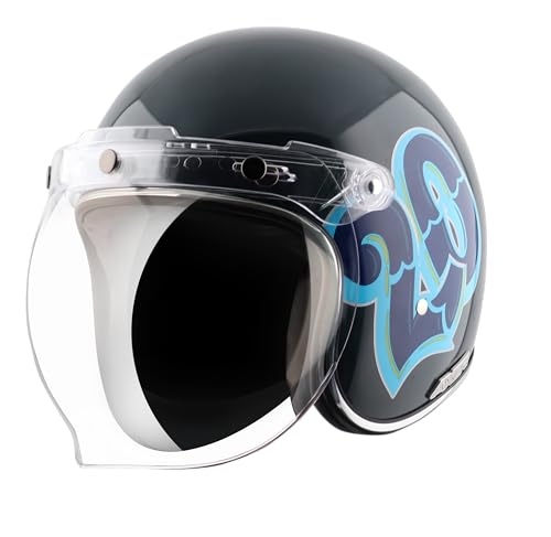 Axor Retro Jet Sportz C13 Isi And Dot Certified Gloss Finish Open Face Helmet For Men And Women With Clear Visor- Slate Blue-Xl, Cycling