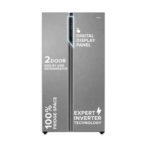 Haier 596L 3Star 2 Door Side By Side Frost Free Refrigerator|100% Convertible|Expert Inverter|Digital Display Panel|Twist Ice Tray|Deo Fresh Technology (Hes-690Ss, Shiny Silver)