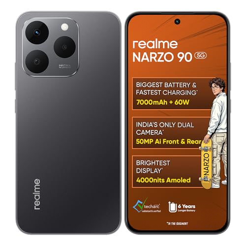 Realme Narzo 90 5G (Carbon Black,6Gb+128Gb) | 7000Mah Biggest Battery | 60W Fastest Charging | 50Mp Front & Rear Ai Cameras | 4000Nits Brightest Display | Ai Assist | Ip69 Dust & Water Resistance