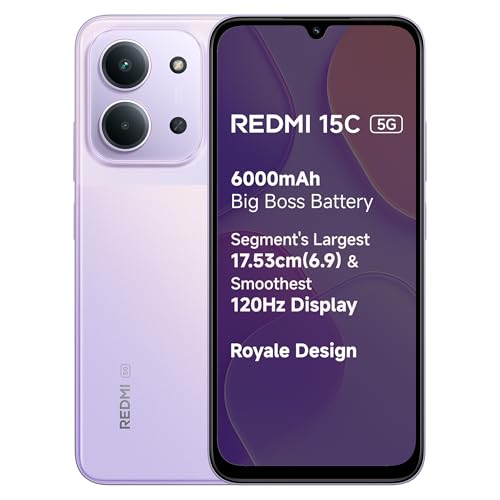 Redmi 15C 5G Dusk Purple 6Gb + 128Gb | Royale Design | Massive 6000Mah Battery | Segment’S Largest 17.53Cm Display Up To 120Hz | Mediatek Dimensity 6300 | 33W Fast Charging | 50Mp Ai Dual Camera
