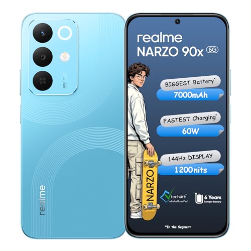 Realme Narzo 90X 5G (Aqua Blue,4Gb+128Gb) | 7000Mah + 60W Biggest Battery & Fastest Charging In The Segment* | 144Hz Bright Display | Sony 50Mp Ai Rear Camera | Ai Assist | 400% Ultra Boom Speaker