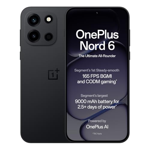 Oneplus Nord 6 | 12Gb+256Gb | Pitch Black | Snapdragon 8S Gen 4 | Segment’S First Stable 165Fps Gaming | Segment’S Largest 9000Mah Battery | Most Complete Ip Rating | Personalized Ai