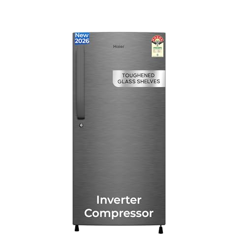 Haier 190L 5 Star Direct Cool Single Door Refrigerator | Inverter Compressor | Toughened Glass Shelves | Fast Ice Making In 60 Minutes | Large Veg Box| Easy Clean Back (Hed-205Dsa-P, Dazzle Steel)