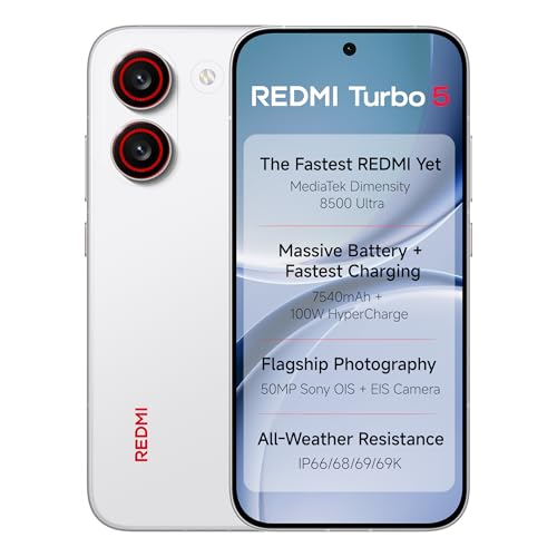 Redmi Turbo 5 (8Gb + 256Gb) Turbo White | Mediatek Dimensity 8500 Ultra | Mega 7540Mah Battery | 100W Hypercharge | Compact 16.75Cm(6.9) 120Hz Display | 50Mp Sony Ois Camera | Upto 60% Assured Buyback