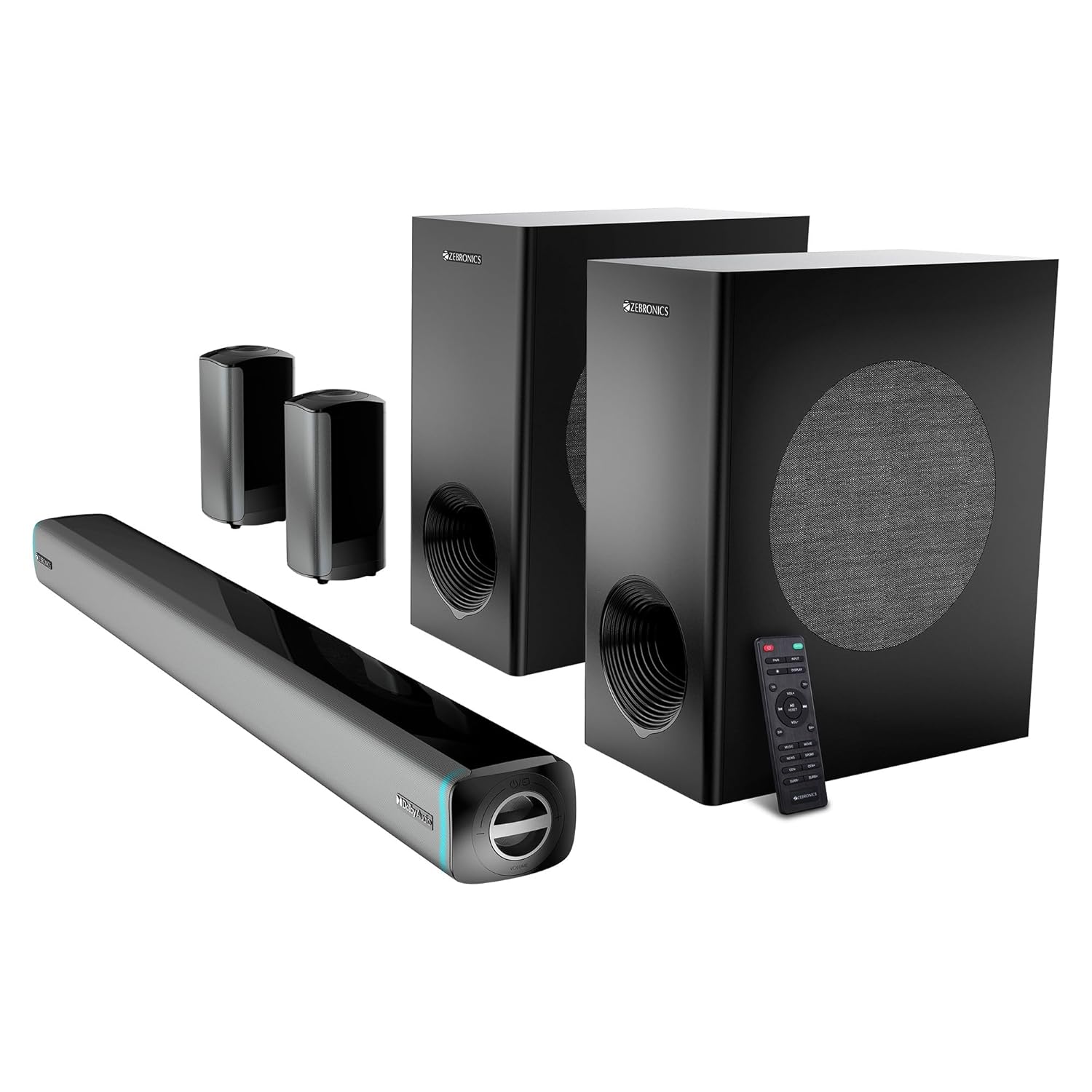 ZEBRONICS Juke bar 9550 pro 5.2 Soundbar (625 Watts), Dolby Audio, Dual Wireless Subwoofer & Wired Satellite, BT v5.3, HDMI ARC, Optical, Powerful Bass, RGB LED Lights, Wall Mountable, Silver