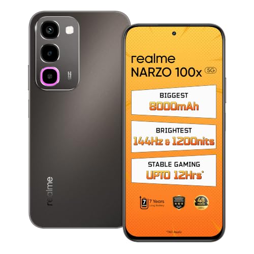 Realme Narzo 100X 5G (Midnight Black,6Gb+256Gb) Biggest 8000Mah Battery | 45W Fast Charge | 144Hz, 1200Nits Bright Display | 7 Years Battery Health | Military-Grade Resistance | 48-Month Fluency