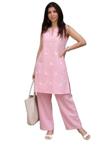 Anni Designer Women’S Cotton Blend Straight Embroidery Kurta With Palazzo (Rushali Baby Pink_Xxl_Baby Pink_Xx-Large)