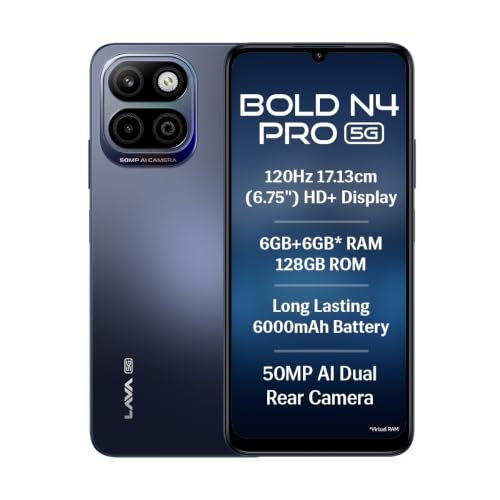 Lava Bold N4 Pro 5G (Monaco Blue, 6Gb Ram, 128Gb Storage) | 50Mp Ai Rear Camera | 6000Mah Battery With 18W Fast Charge | 500K+ Antutu | Ip64 Rated |Clean Android 16 | Free Service @ Home