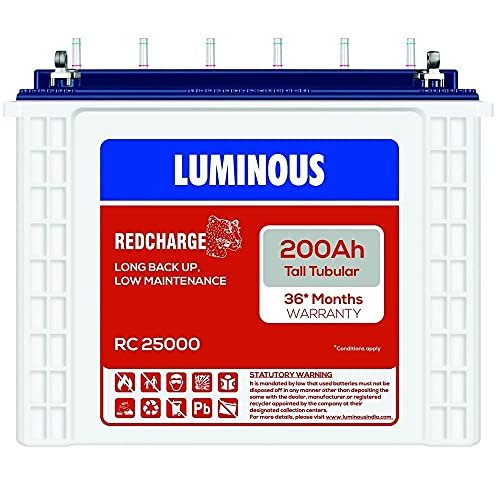 Luminous Red Charge Rc 25000 Tall Tubular Inverter Battery For Home, Office & Shops | 200 Ah High-Performance, Durable & Low Maintenance Battery | Easy Installation | 36 Months Warranty