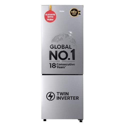 Haier 237 L 2 Star Frost Free Twin Inverter Double Door Bottom Mount Refrigerator With Extra Spacious 2X Veg Box (Heb-242Egsa-P, Moon Silver, 2026 Model)