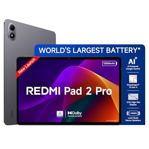 Redmi Pad 2 Pro, 12.1-Inch (30.73 Cm), Lcd Display – 2.5K Sharp & Clear, 8Gb Ram, 128Gb Rom, Wi-Fi, Quad Speakers, Dolby Atmos, Graphite Grey, Ai Enabled
